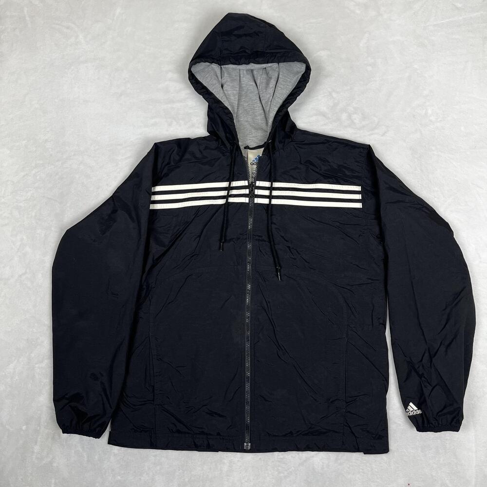 Vintage Adidas Jacket Mens Medium Black Hooded Windbreaker Full Zip 3 Stripes